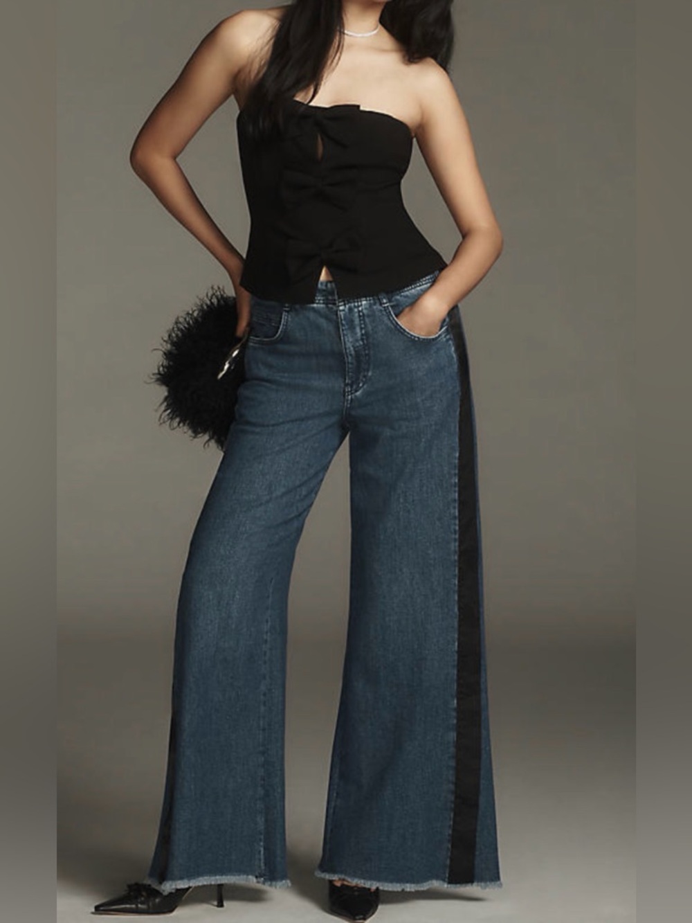 Pilcro Anthropologie Wide Leg Tuxedo Stripe Jeans Black Satin Side Stripe Sz 26